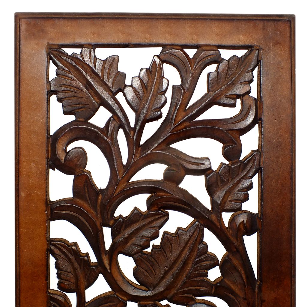Mango Wood Wall Panel Hand Crafted with Leaves and Scroll Work Motif, Brown - View 3