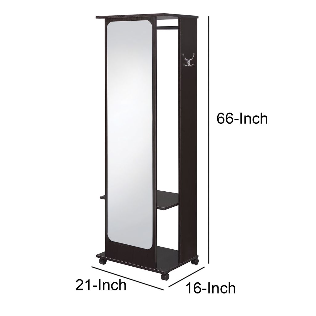 Mirror and Wood Hall Tree with Hanging Rod and Casters, Brown and Silver - View 6