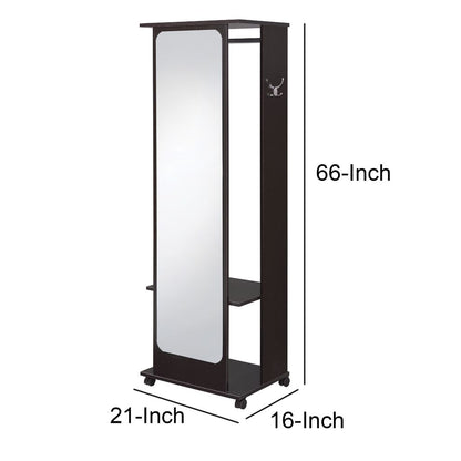 Mirror and Wood Hall Tree with Hanging Rod and Casters, Brown and Silver - View 6