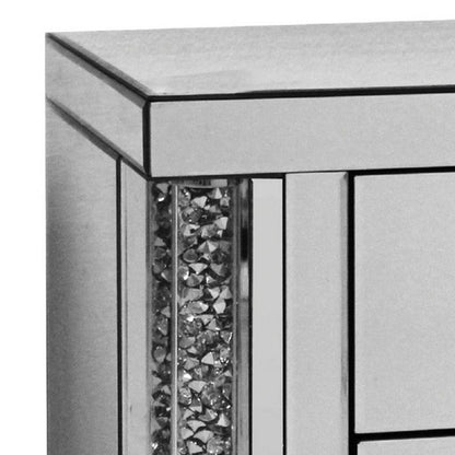 Noe 26 Inch 3 Drawer Accent Table Nightstand, Mirrored, Faux Diamond Inlay, Silver - View 2