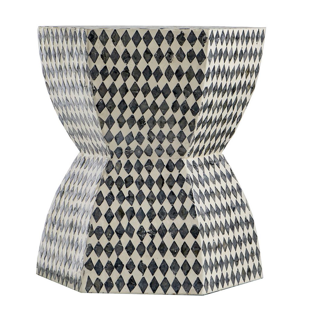 17 Inch Modern Hexagonal Table Stool, Capiz Inlaid Platform, White, Black - View 2