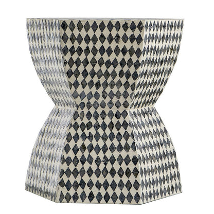 17 Inch Modern Hexagonal Table Stool, Capiz Inlaid Platform, White, Black - View 2