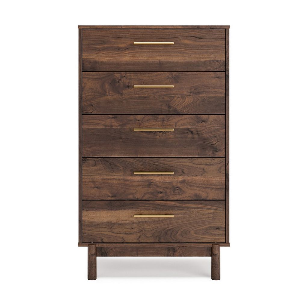 Kip 50 Inch 5 Drawer Modern Tall Dresser Chest, Dark Brown, Gold Handles - View 2