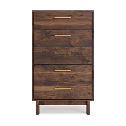 Kip 50 Inch 5 Drawer Modern Tall Dresser Chest, Dark Brown, Gold Handles - View 2