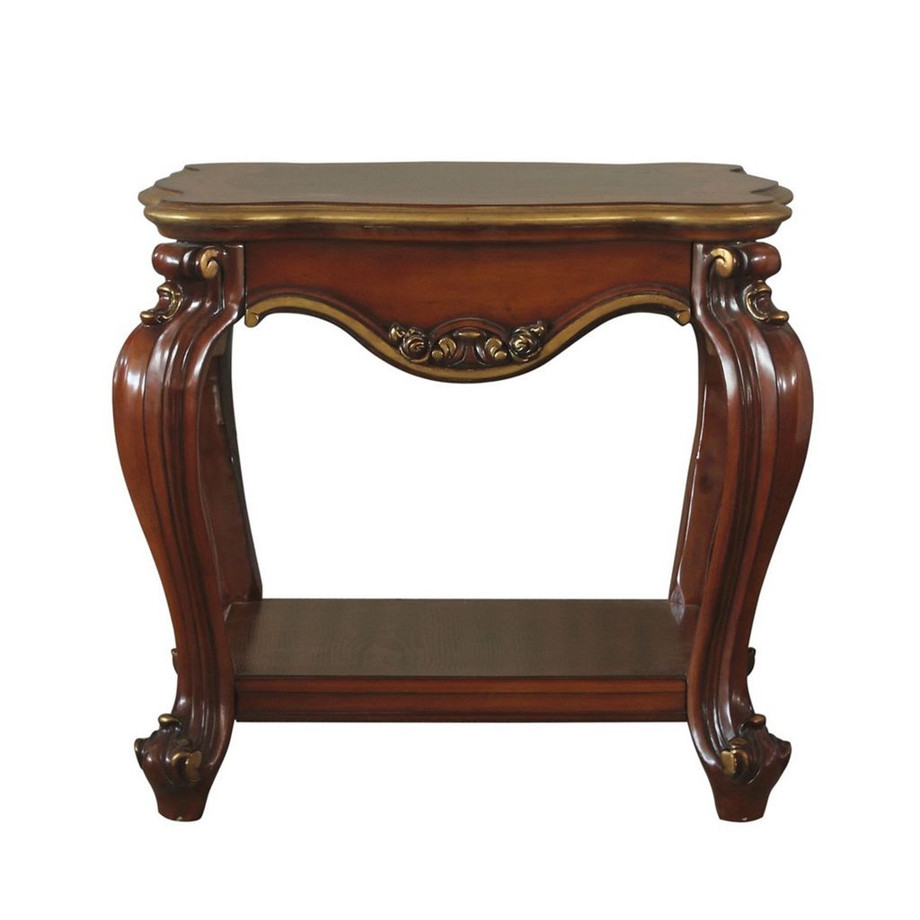 Wooden End Table with Open Bottom Shelf and Carved Details, Brown - View 2