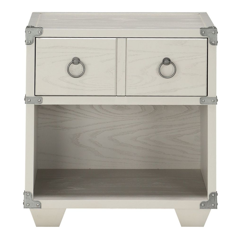 Two Drawer Wooden Nightstand with Metal Ring Pulls, Gray - View 3