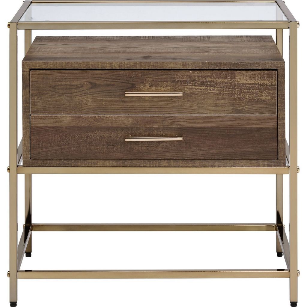 Accent Table with 2 Drawers and Metal Frame Glass Top, Brown and Gold - View 3