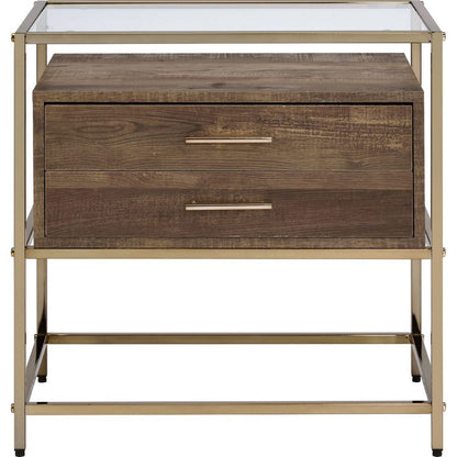 Accent Table with 2 Drawers and Metal Frame Glass Top, Brown and Gold - View 3