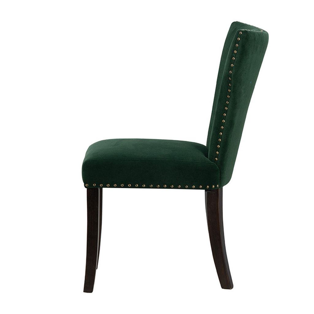 Devi 25 Inch Curved Dining Chair, Green Velvet Upholstery, Nailhead Trim - View 3