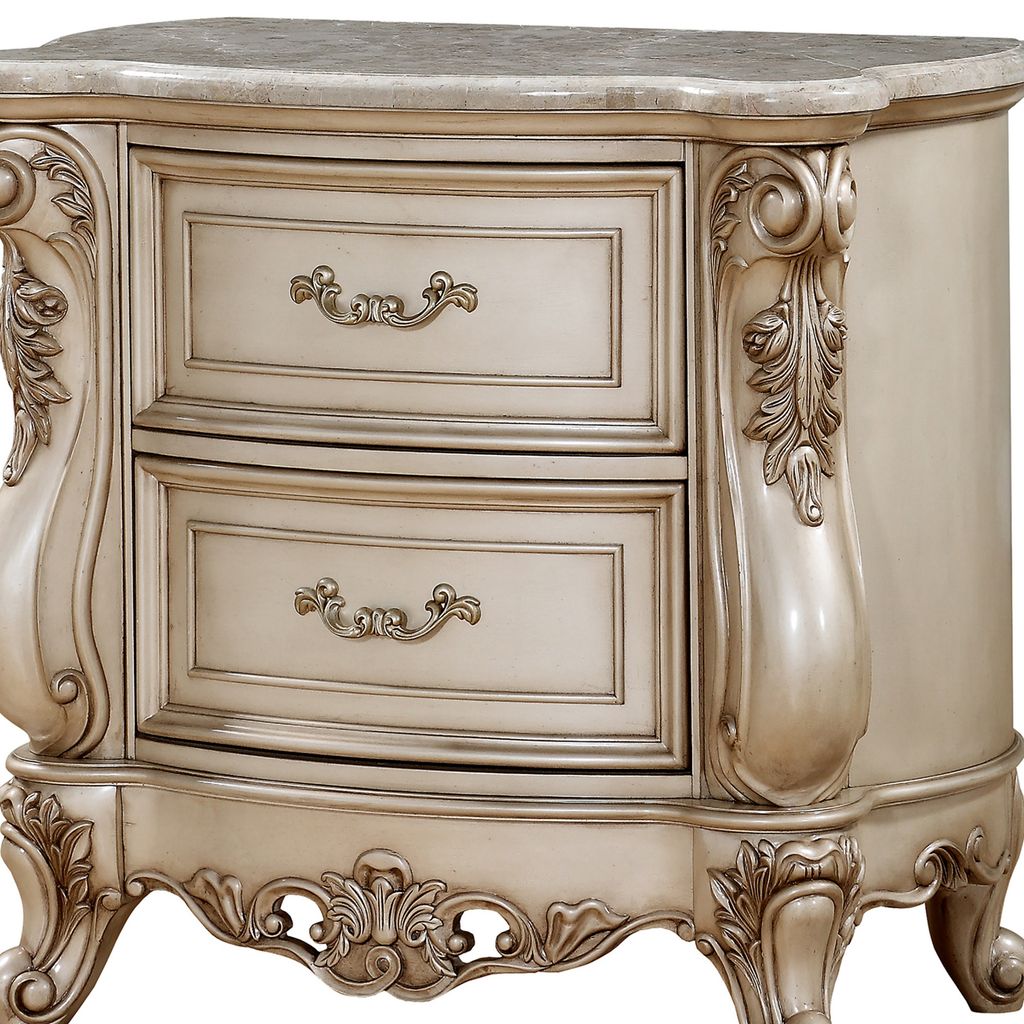 2 Drawer Nightstand With Raised Scrolled Floral Moulding, White - View 5