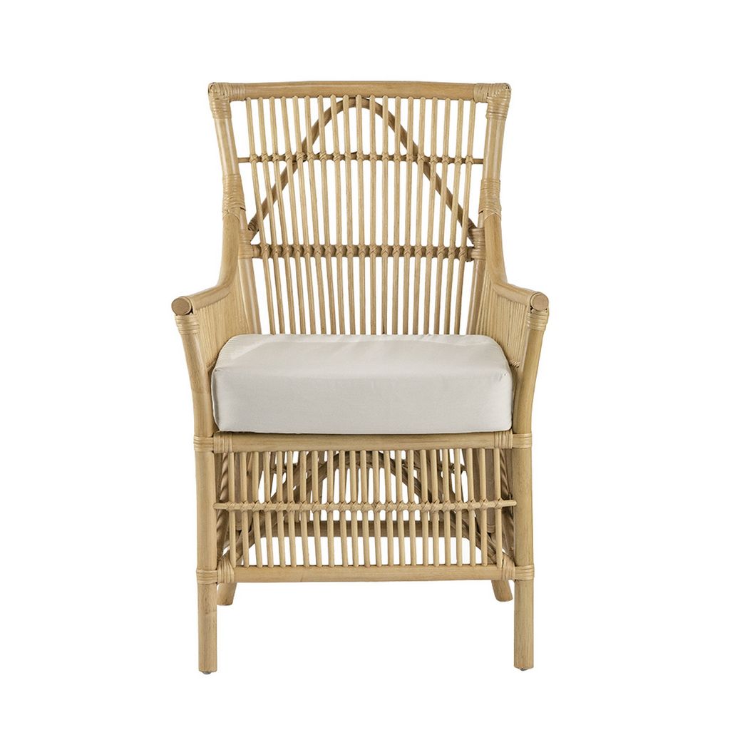 23 Inch Rattan Dining Armchair, White Fabric Padded Seat, Natural Brown - View 2