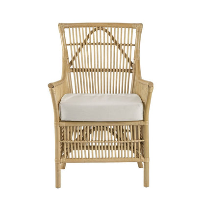 23 Inch Rattan Dining Armchair, White Fabric Padded Seat, Natural Brown - View 2