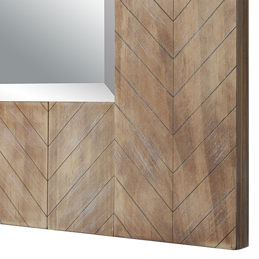 39 Inch Wood Frame Wall Mirror, Chevron Design, Brown - View 3