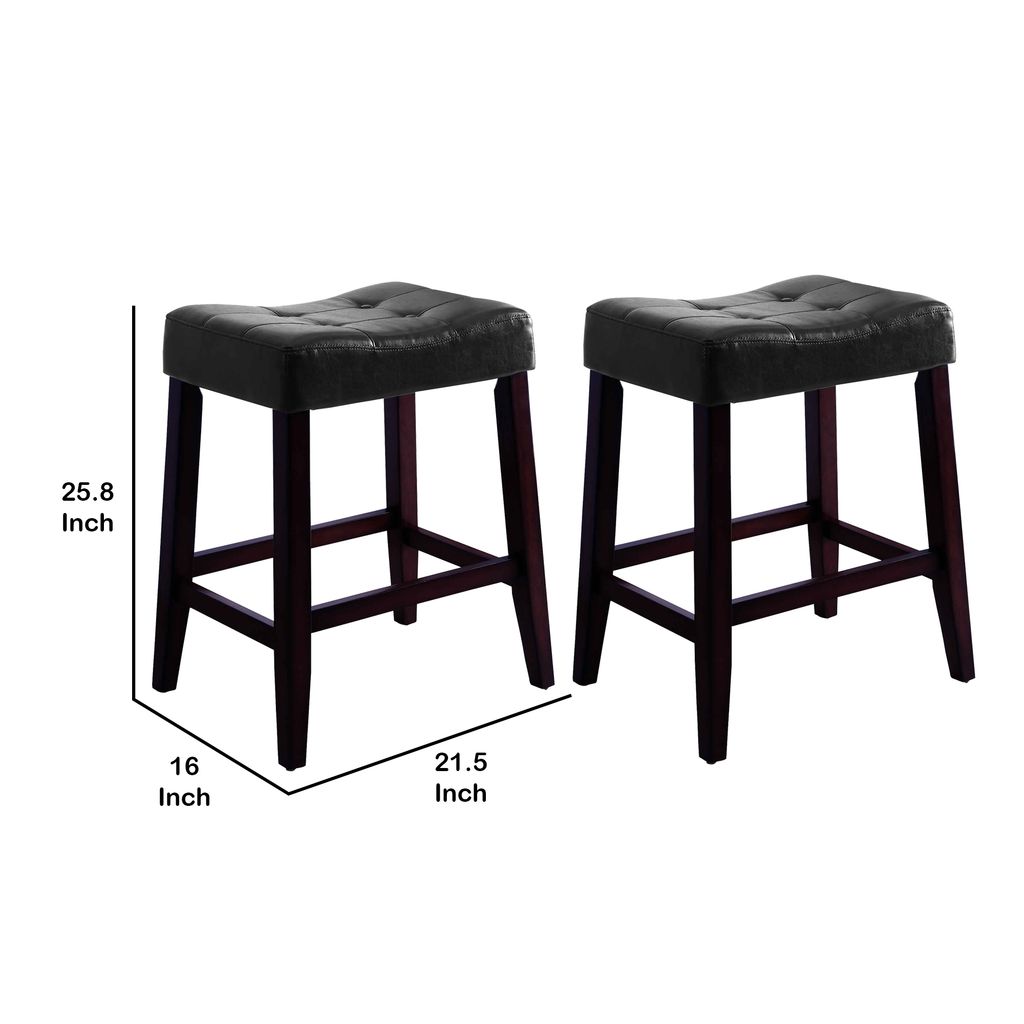 Wooden Stools with Saddle Seat and Button Tufts, Set of 2, Black and Brown - View 5