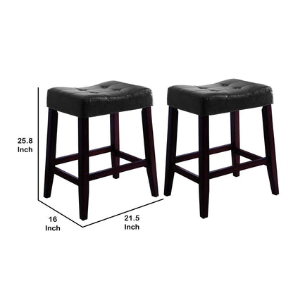 Wooden Stools with Saddle Seat and Button Tufts, Set of 2, Black and Brown - View 5