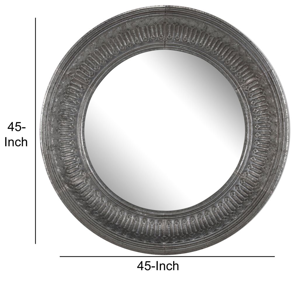 Round Wall Mirror with Thick Embossed Metal Border, Antique Gray - View 6