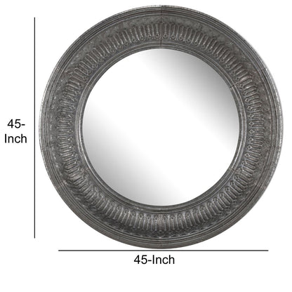 Round Wall Mirror with Thick Embossed Metal Border, Antique Gray - View 6