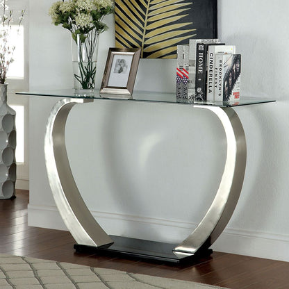 Rectangular Glass Top Sofa Table with Curved Pedestal Base, Black and Gray