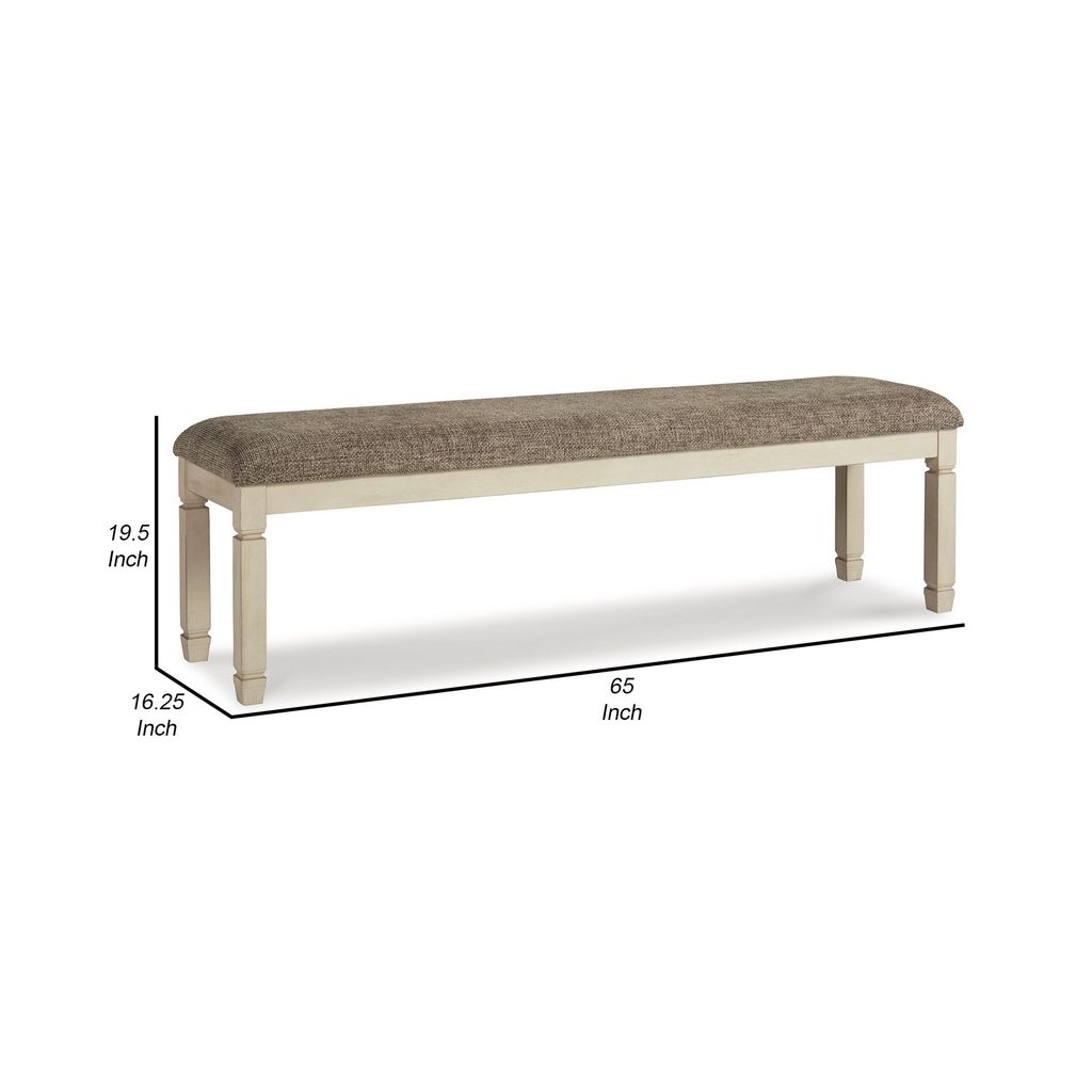 65 Inch Two Tone Dining Bench, Woven Fabric Cushion, Vintage White Wood - View 5