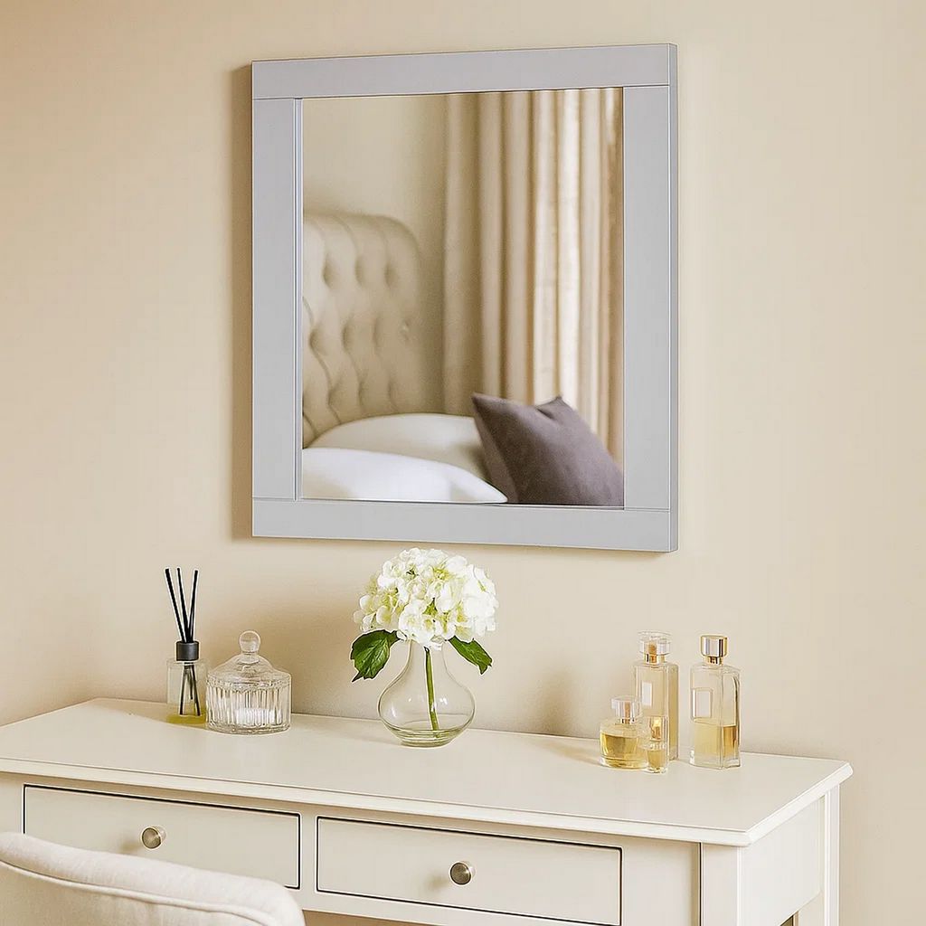 Rectangular Wooden Frame Mirror with Beveled Edges, White and Silver - View 7