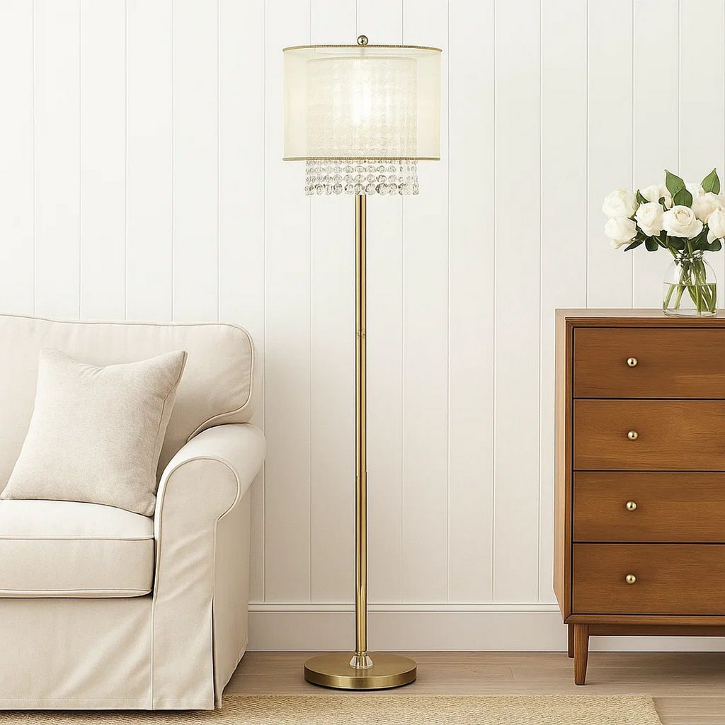 Floor Lamp with Hanging Crystal Accents, White and Gold - View 7