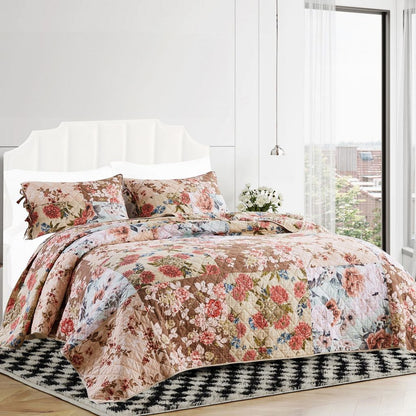 Rome 3 Piece Microfiber Reversible Floral Print Queen Quilt Set, Multicolor - View 7