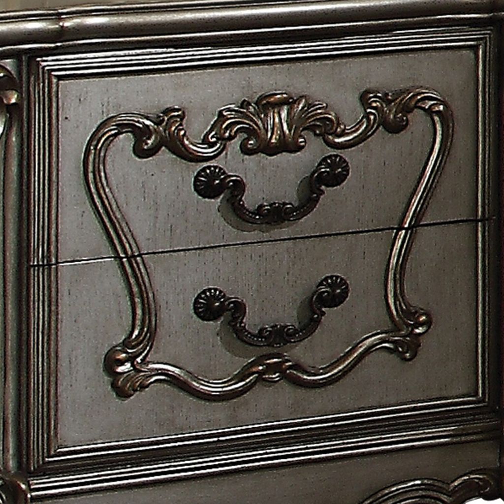 Two Drawer Nightstand With Oversized Scrolled Legs In Antique Platinum Finish - View 3