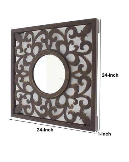 Set of 2 Wooden Frame Square Wall Mirror with Floral cut Out Design, Espresso - View 6