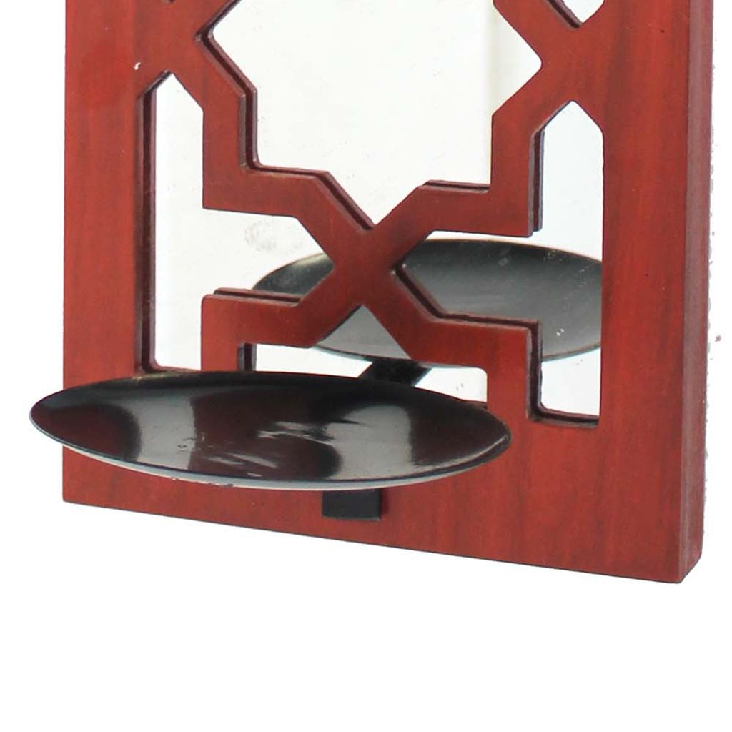 17 Inch Mirrored Wall Art Set of 2, Candle Holder Sconce, Lattice Design, Red - View 4