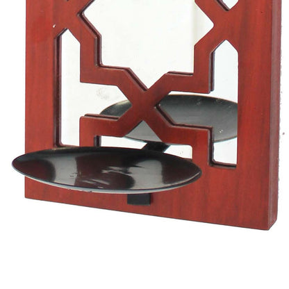 17 Inch Mirrored Wall Art Set of 2, Candle Holder Sconce, Lattice Design, Red - View 4