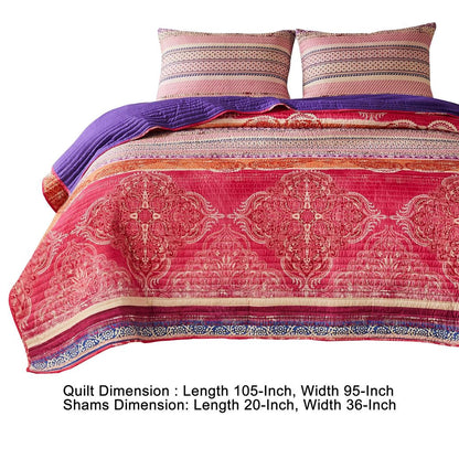 Dora 3 Piece Bohemian King Quilt Set, Medallion, Paisley, Pink, Blue - View 6