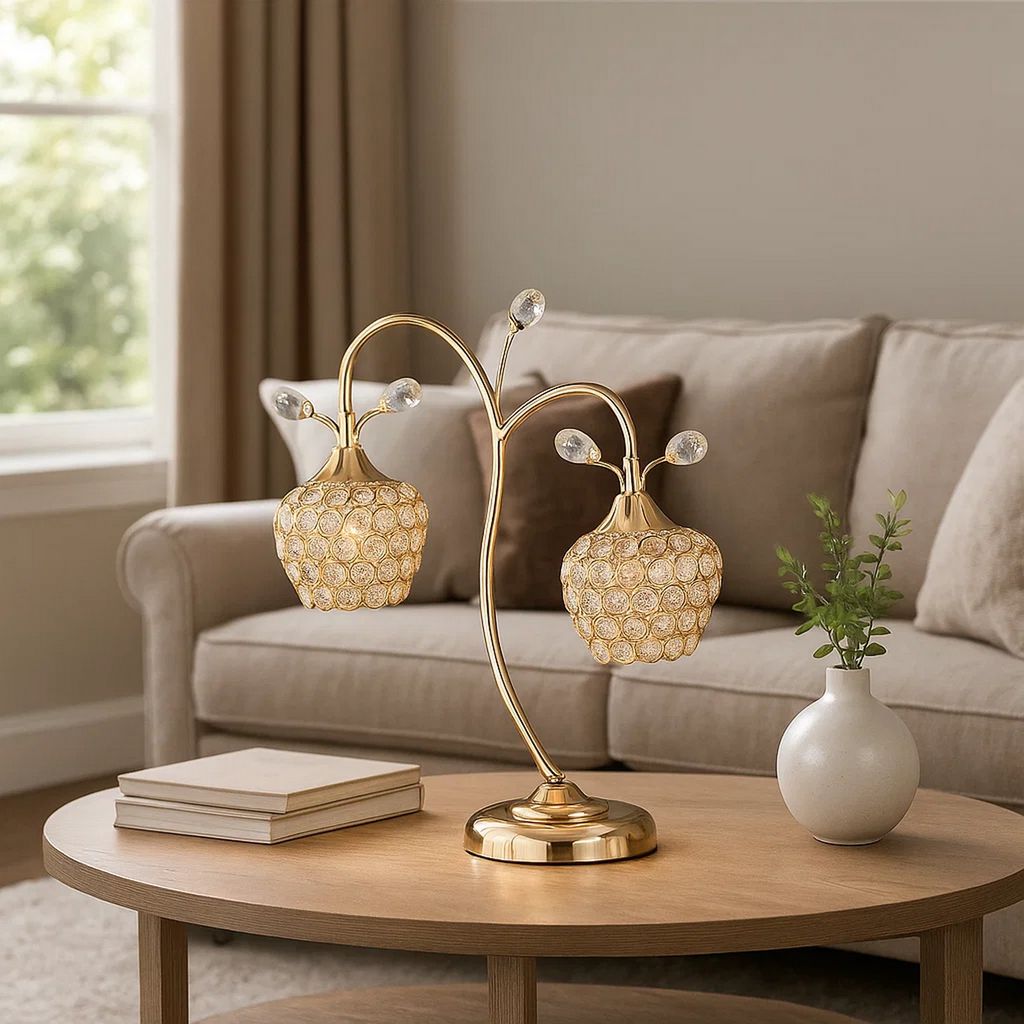 Floral Tree Design Metal Table Lamp with Dome Shade and Crystals, Gold - View 7