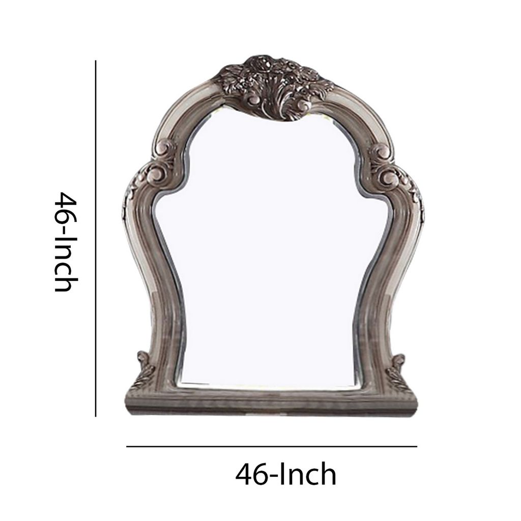 Arch Shape Wooden Frame Wall Mirror with Carved Details, Antique Silver - View 6