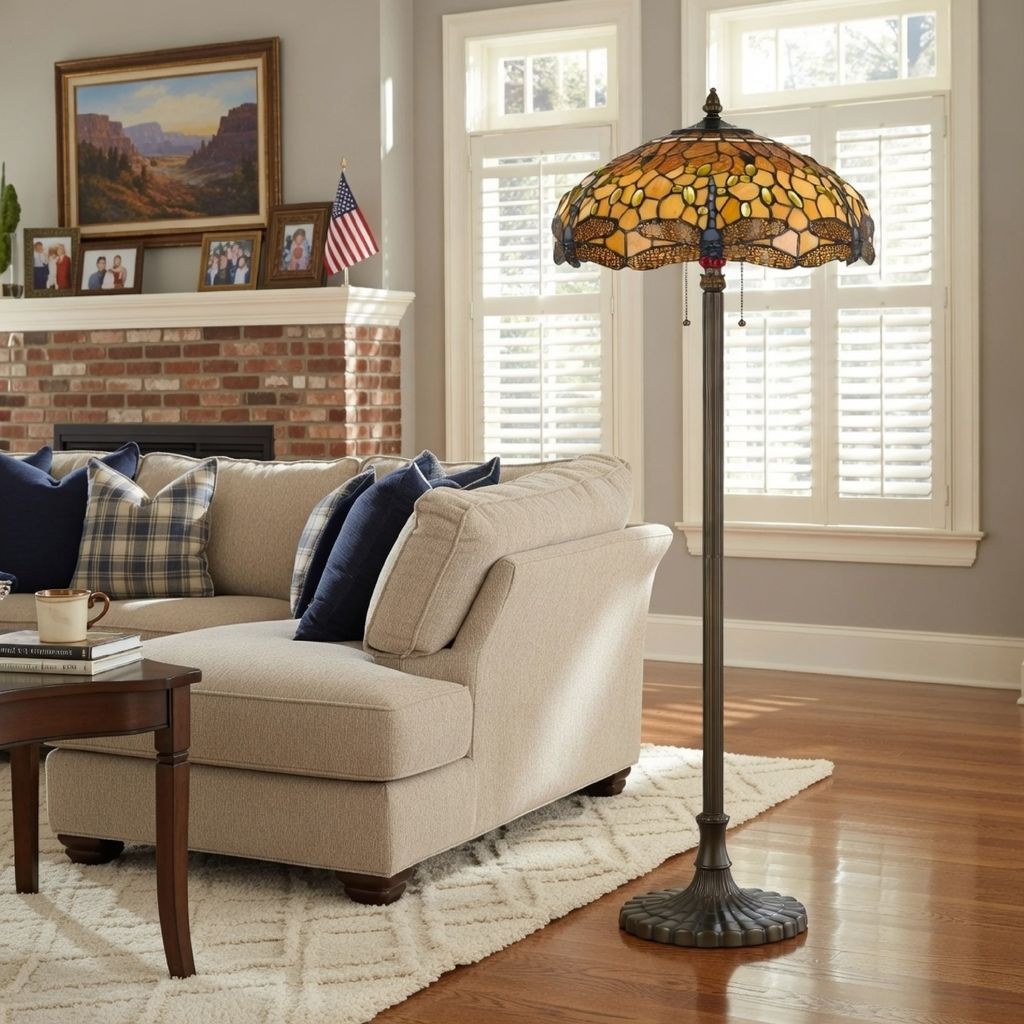 2 Bulb Tiffany Floor Lamp with Dragonfly Design Shade, Multicolor - View 7