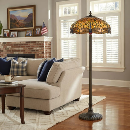 2 Bulb Tiffany Floor Lamp with Dragonfly Design Shade, Multicolor - View 7