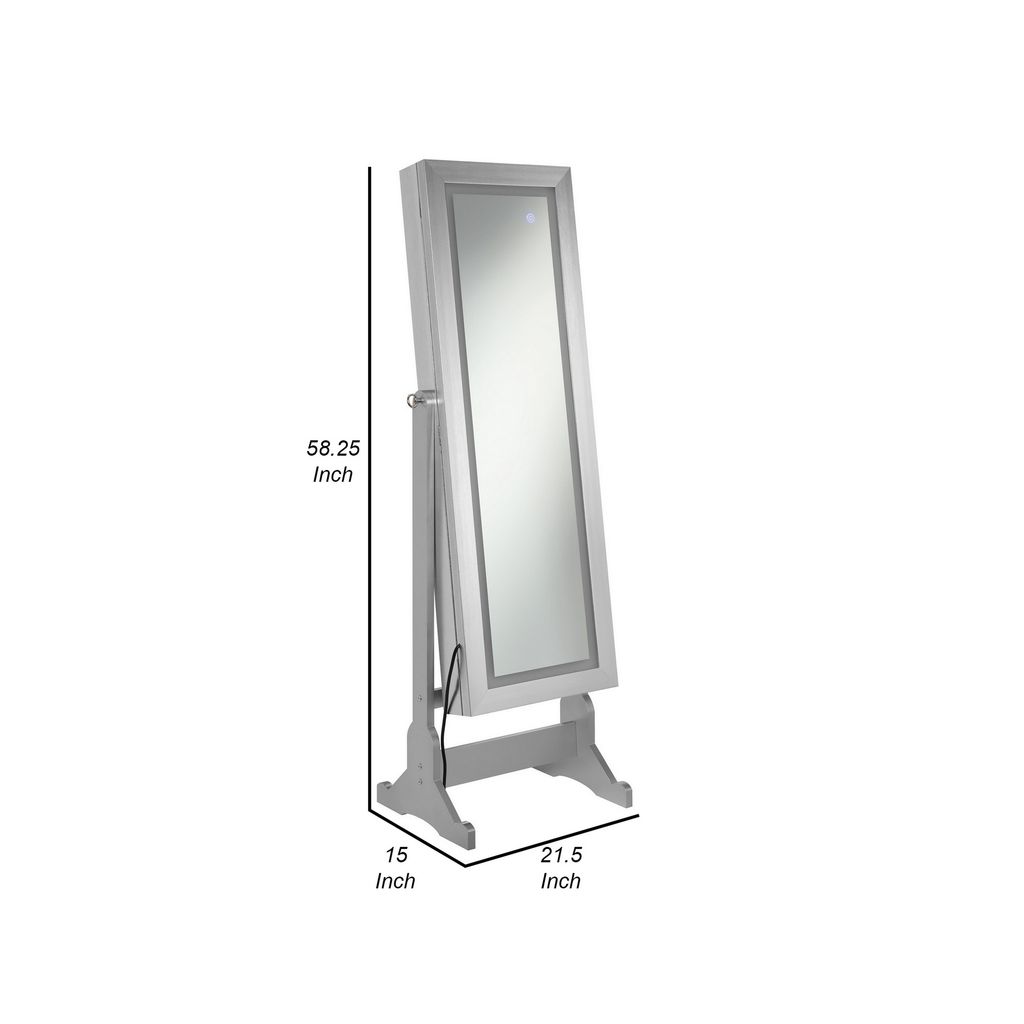 58 Inch Full Body Floor Cheval Mirror, Jewelry Storage, LED, Silver - View 5