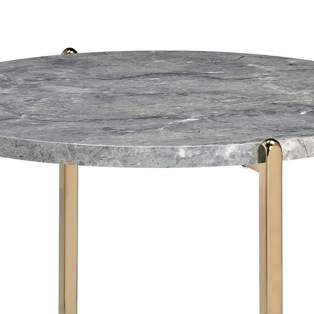 End Table with Oval Marble Top and X Shaped Support, Gray and Gold - View 4
