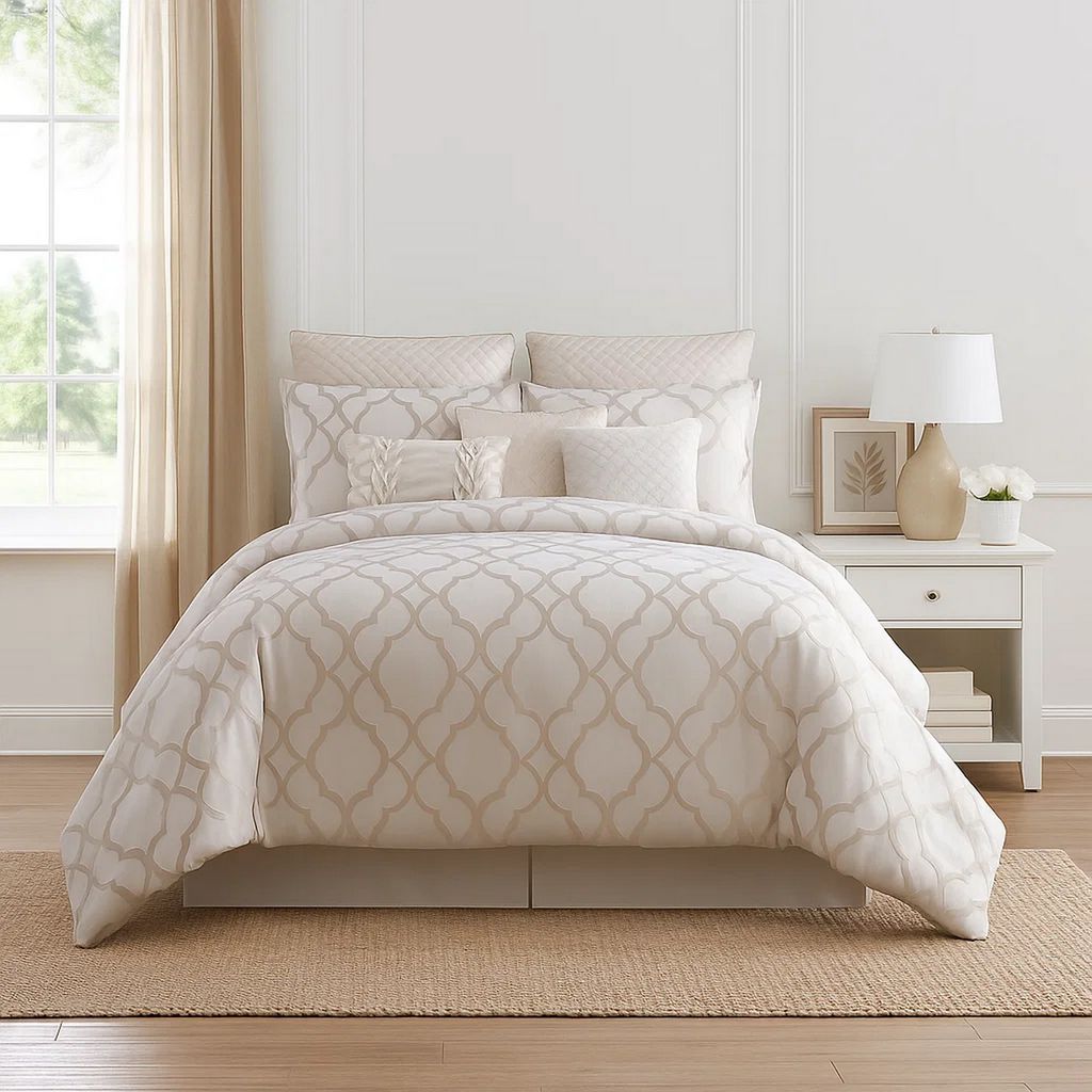 10 Piece King Size Fabric Comforter Set with Quatrefoil Prints, White - View 7