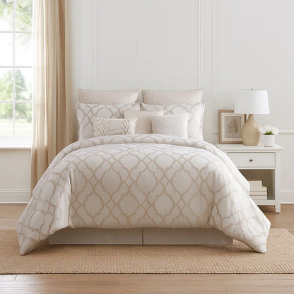 10 Piece King Size Fabric Comforter Set with Quatrefoil Prints, White - View 7