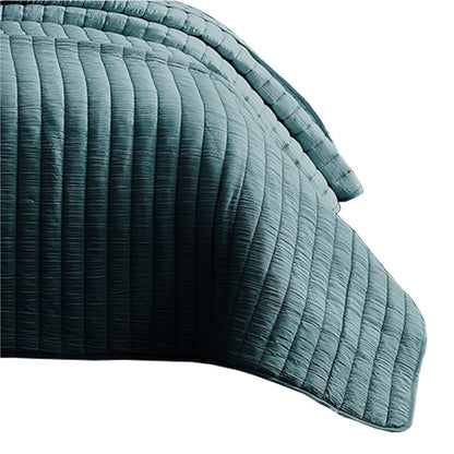 3 Piece Crinkle Queen Coverlet Set with Vertical Stitching, Turquoise Blue - View 4