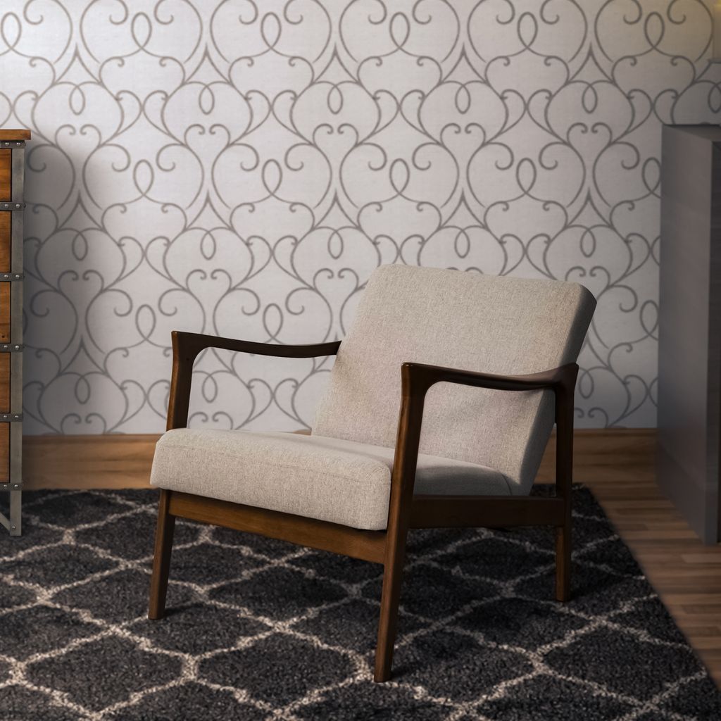 Fabric Upholstered Mid Century Wooden Lounge Chair, Gray and Brown - View 6