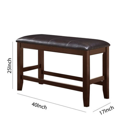 Wooden Counter Height Bench with Leatherette Seat, Brown and Black - View 5