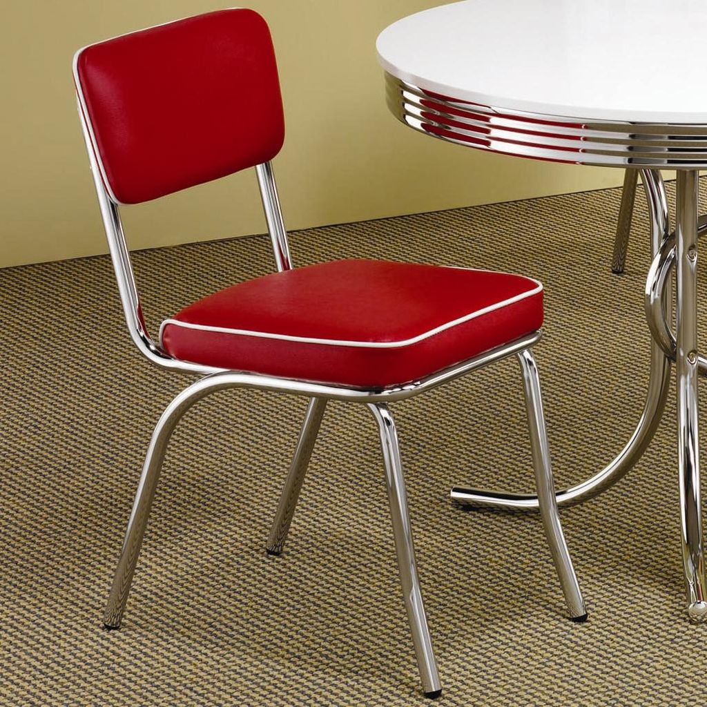 Dining Side Chair Set of 2, Retro Red Faux Leather, Chrome Metal Legs