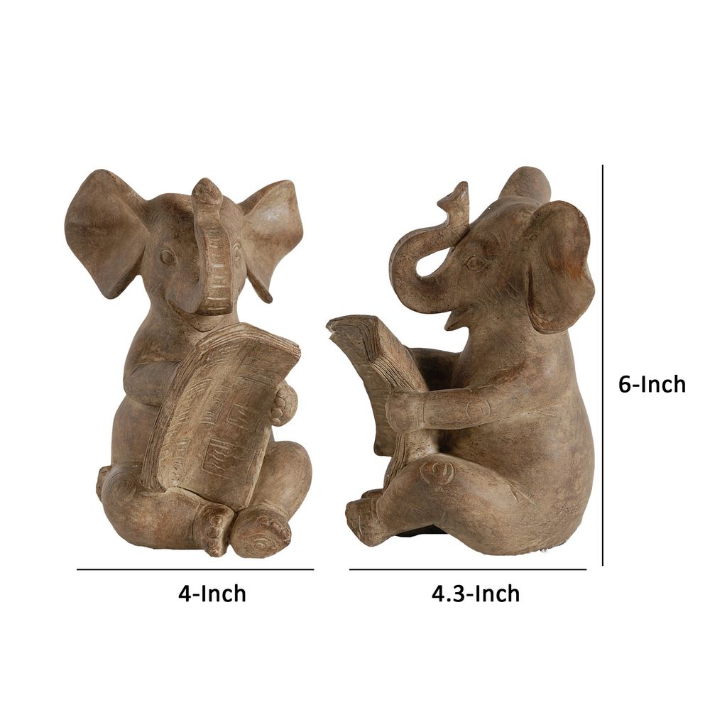 Ari Set of 2 Bookends, Reading Elephant Statuettes, Classic, Brown Resin - View 5