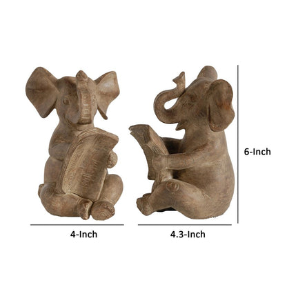 Ari Set of 2 Bookends, Reading Elephant Statuettes, Classic, Brown Resin - View 5