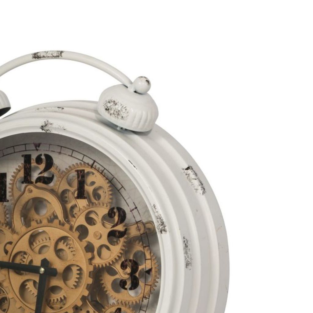 Classic Metal Table Clock with Gears Front and Distressed Details, White and Gold - View 3