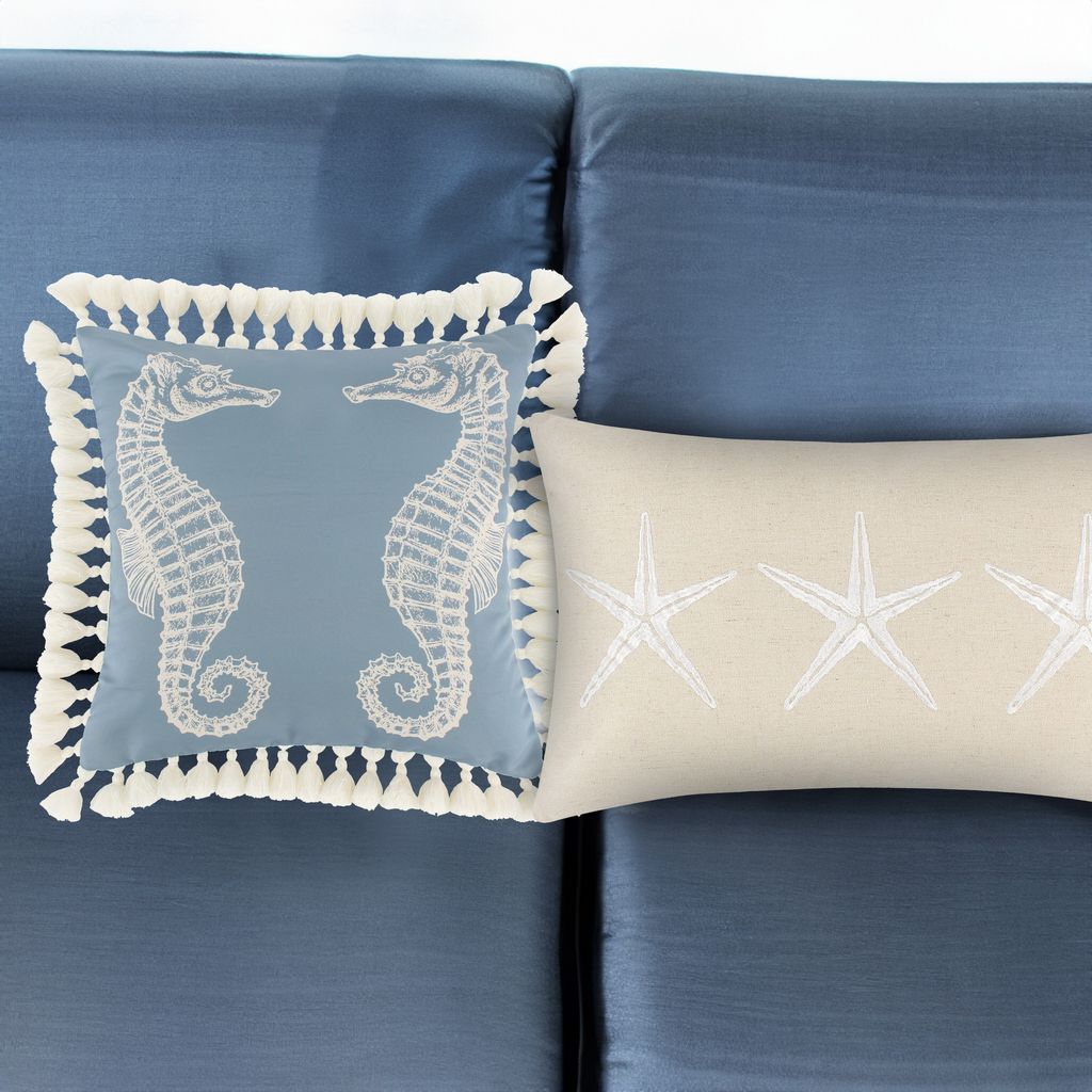 Set of 2 Decorative Throw Pillows, Seahorse and Starfish Polyester, Tassels - View 6