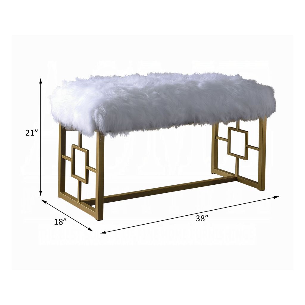 Modern Style Faux Fur Upholstered Bench with Geometrical Side Panels, White and Gold - View 6