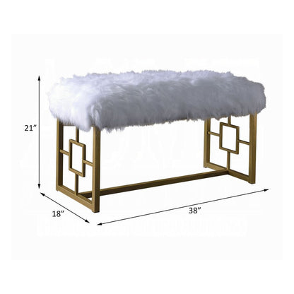 Modern Style Faux Fur Upholstered Bench with Geometrical Side Panels, White and Gold - View 6