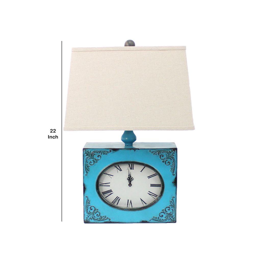 Clock Design Metal Table Lamp Set of 2 with Tapered Shade, Blue and Beige - View 6